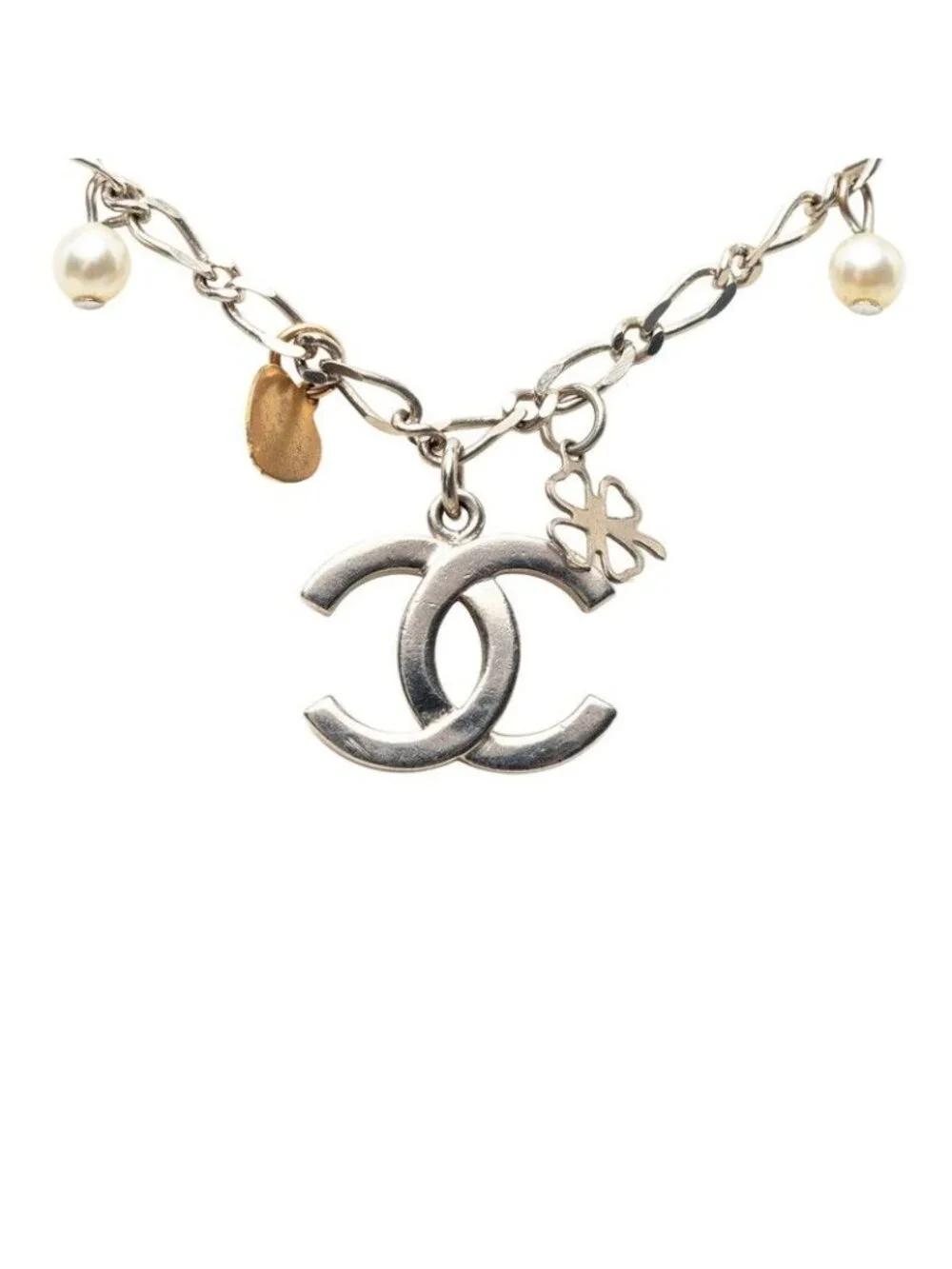 Chanel CC Logo Chain Pendant Silver Metal Faux Pearl